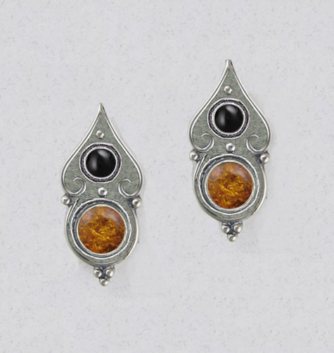 Sterling Silver Gothic Look Post Stud Earrings With Amber And Black Onyx